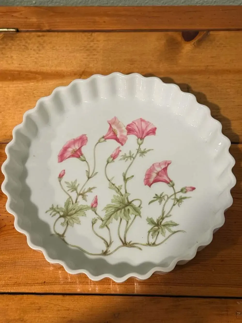 Pillivuyt France Porcelain Pink Morning Glory Floral Fluted Tart Quiche Pie Dish